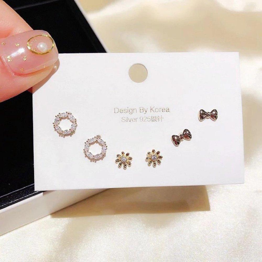 [3 Pairs] 925 Sterling Silver Diamond Earrings A - Picture 3 of 8